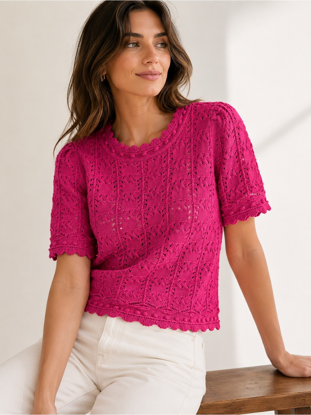 Anthropologie Bright Fuchsia Crochet Short-Sleeve Top